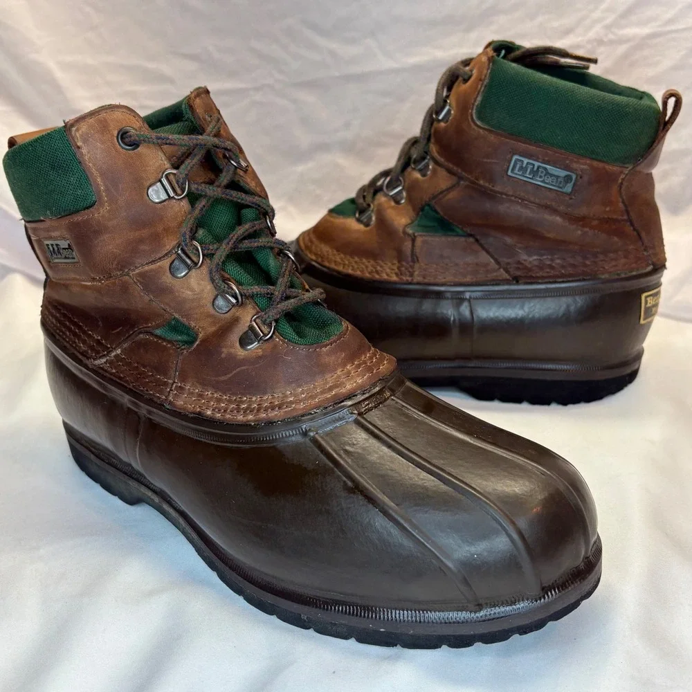VTG LL Bean Duck Boots Mens 11‎ Leather Green Canvas Waterproof Rain Snow Boot